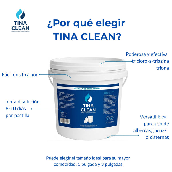 Pastillas de Tricloro TINA CLEAN 1 pulgada para Alberca | Cubeta 4 kilos