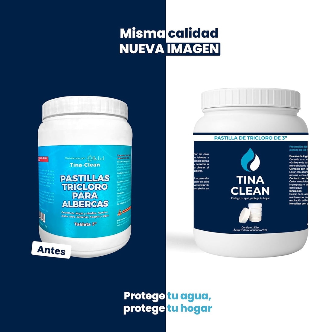 Klid Home Tina Clean Pastilla tricloro para alberca de 3" Tableta de Tricloro 200g – Pastilla Desinfectante para Tinacos, Cisternas, Albercas, Jacuzzis y Depósitos de Agua | Larga Duración