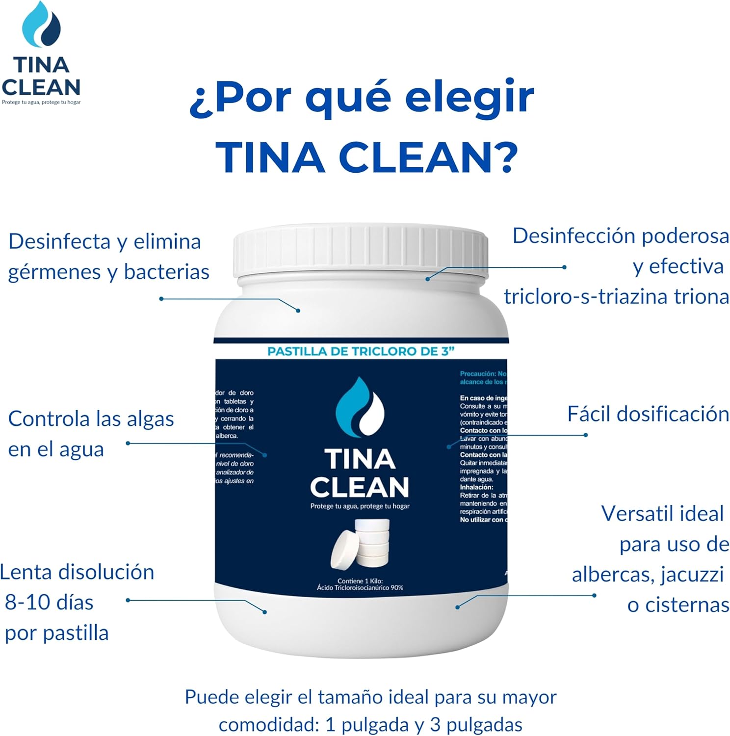 Klid Home Tina Clean Pastilla tricloro para alberca de 3" Tableta de Tricloro 200g – Pastilla Desinfectante para Tinacos, Cisternas, Albercas, Jacuzzis y Depósitos de Agua | Larga Duración